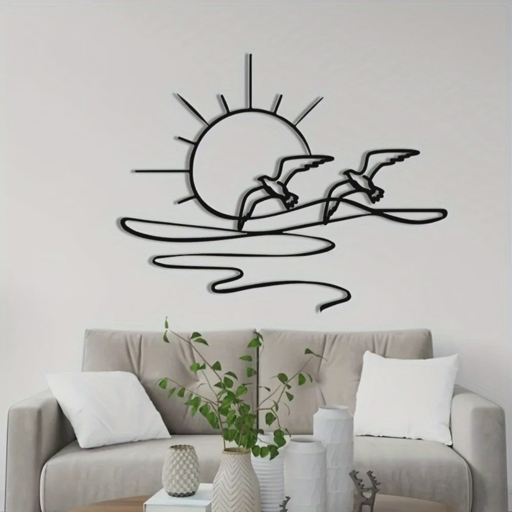 Zonsopgang Meeuwen Wanddecoratie - Metaal Lijnkunst voor Kust & Strandhuis Stijl