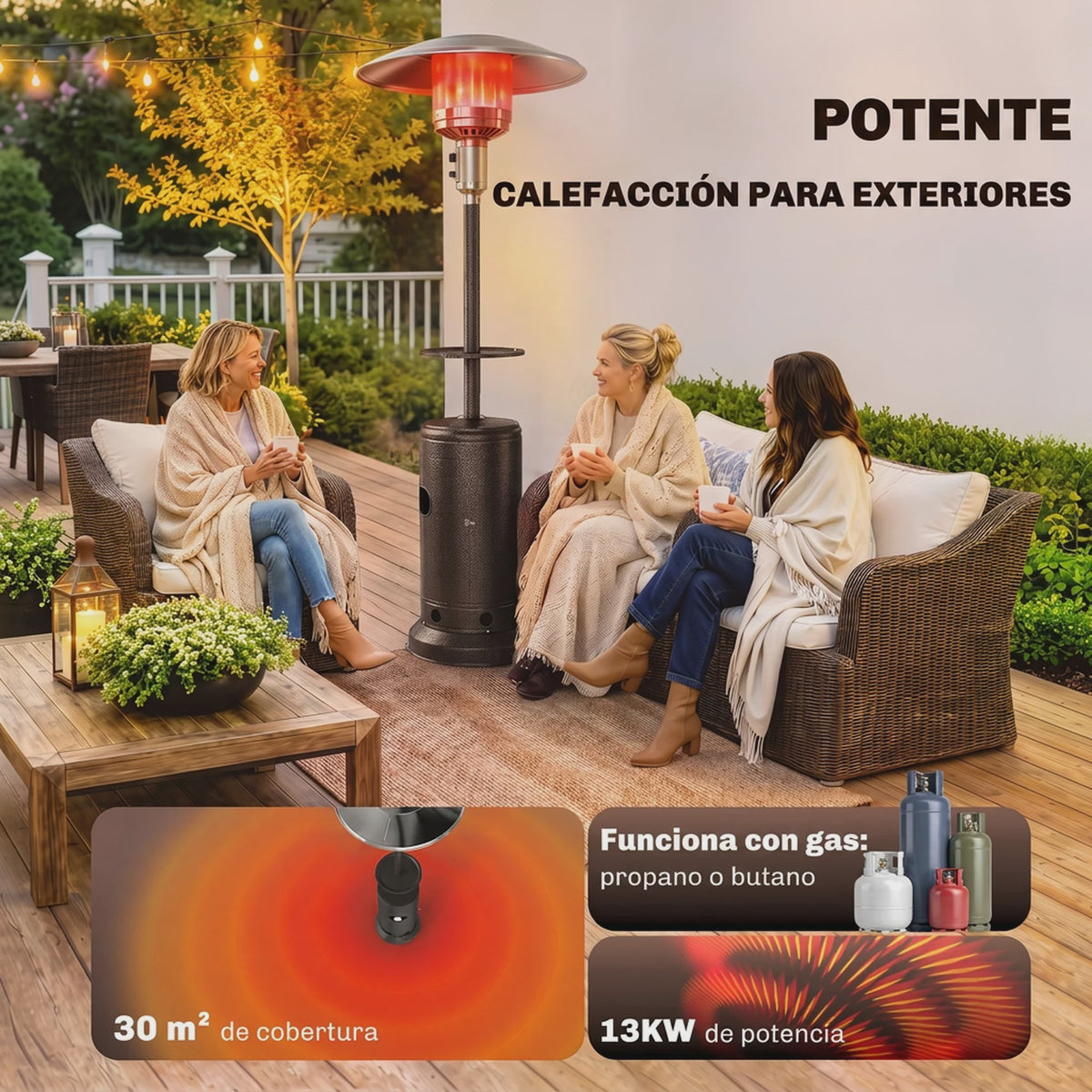 Outsunny Terrasverwarmer Gas 13 kW met Tafel, Wielen en Anti-kantel Beveiliging