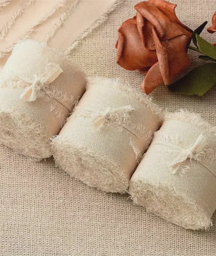 Handgemaakte Satijn Chiffon Lint Set - 3 Rollen van 5m met Rafeleffect voor Bruiloft, Cadeau & DIY Decoratie
