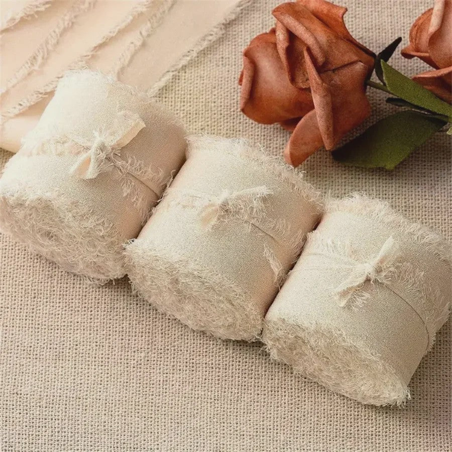Handgemaakte Satijn Chiffon Lint Set - 3 Rollen van 5m met Rafeleffect voor Bruiloft, Cadeau & DIY Decoratie