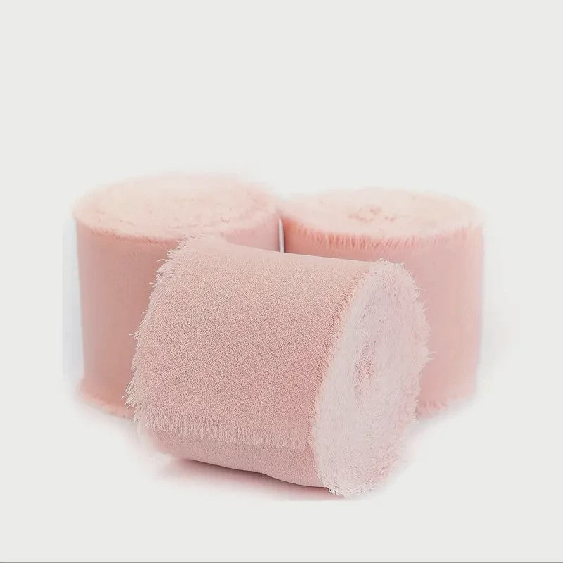 Handgemaakte Satijn Chiffon Lint Set - 3 Rollen van 5m met Rafeleffect voor Bruiloft, Cadeau & DIY Decoratie