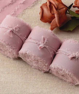 Handgemaakte Satijn Chiffon Lint Set - 3 Rollen van 5m met Rafeleffect voor Bruiloft, Cadeau & DIY Decoratie