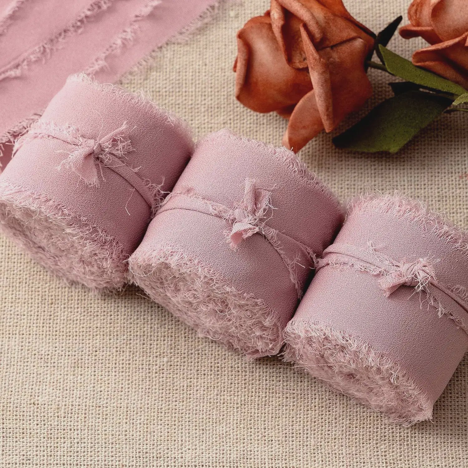 Handgemaakte Satijn Chiffon Lint Set - 3 Rollen van 5m met Rafeleffect voor Bruiloft, Cadeau & DIY Decoratie