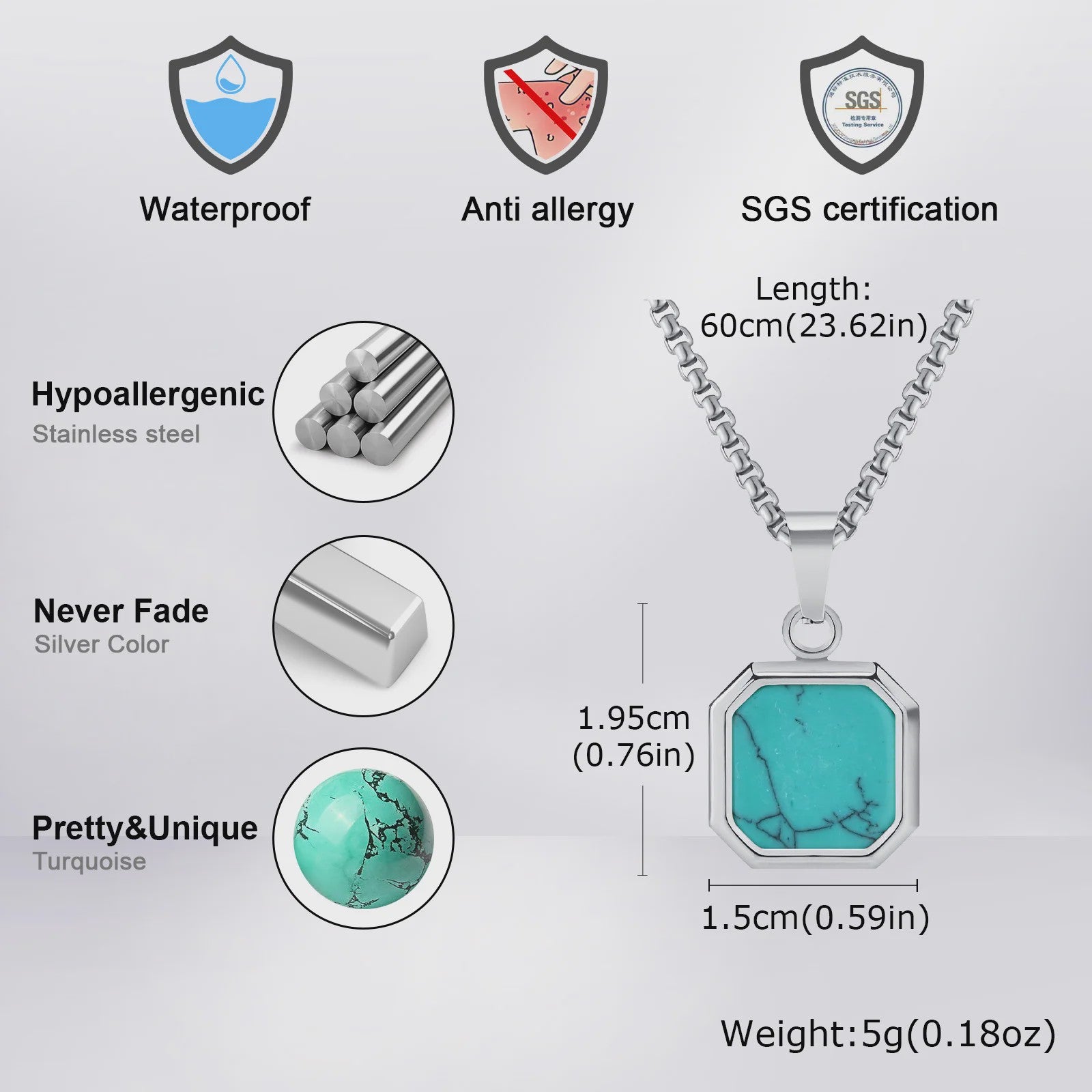 Vnox Heren Turquoise Hanger Ketting - RVS Boxketting, Vintage Stijl