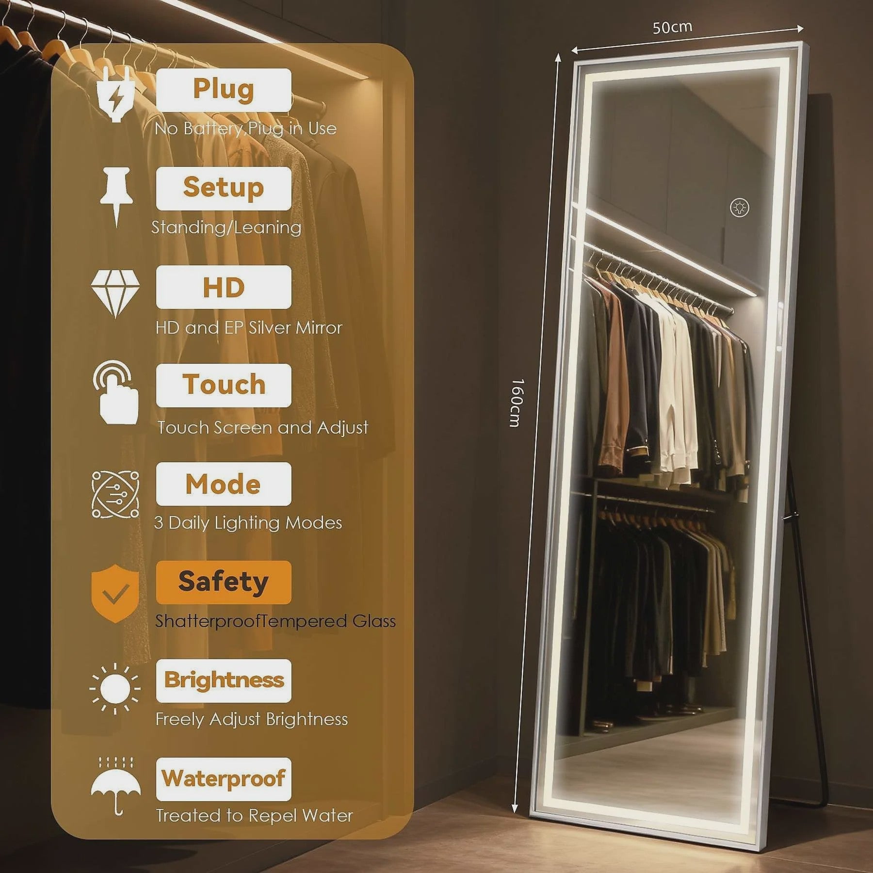 Staande Spiegel met LED Verlichting (160x50 cm) - Dimbare Helderheid & 3 Kleurtemperaturen