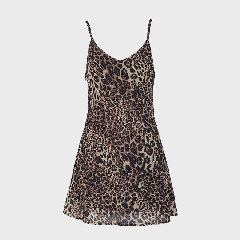 Zomerjurkje Luipaardprint V-hals Camisole Sexy Backless Slim Fit Kort