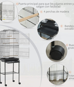 Ruime Vogelkooi met Standaard, Wielen en Opbergplank - 46.5x36x157 cm