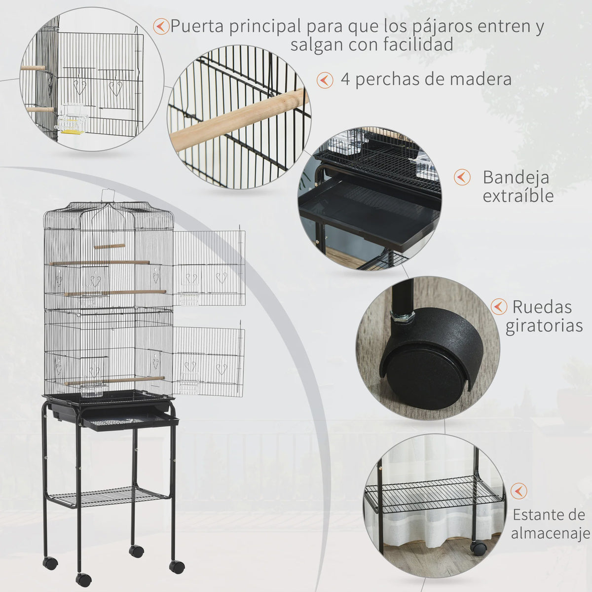 Ruime Vogelkooi met Standaard, Wielen en Opbergplank - 46.5x36x157 cm