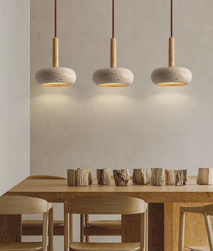Wabi Sabi Hanglamp Geel Natuursteen met Hout - Sfeervolle Verlichting voor Eetkamer & Slaapkamer