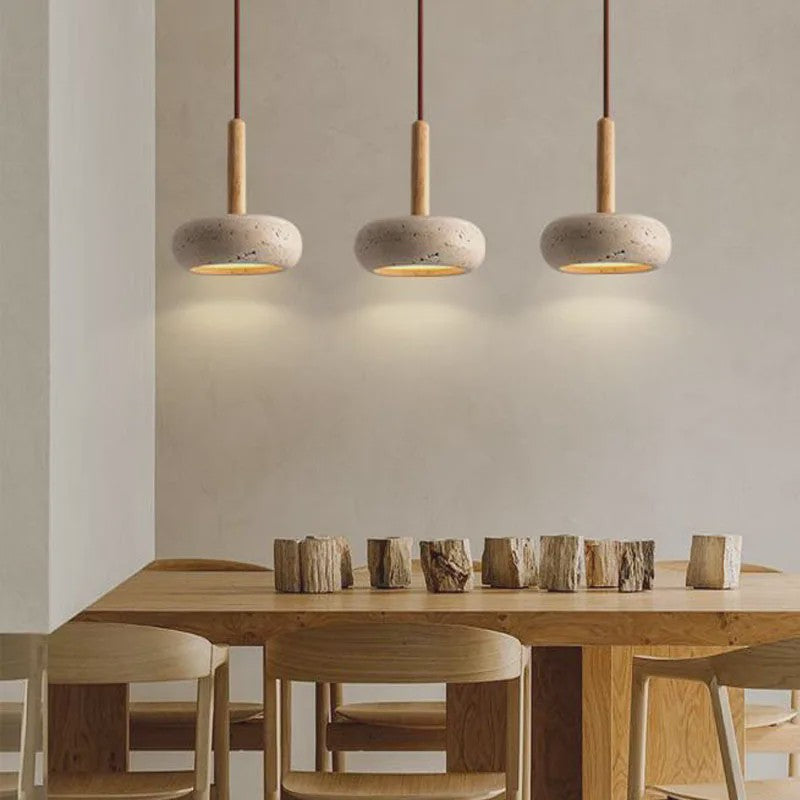 Wabi Sabi Hanglamp Geel Natuursteen met Hout - Sfeervolle Verlichting voor Eetkamer & Slaapkamer