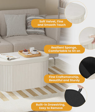 Ronde Opbergpoef met Afneembare Deksel - Beige Fluweel
