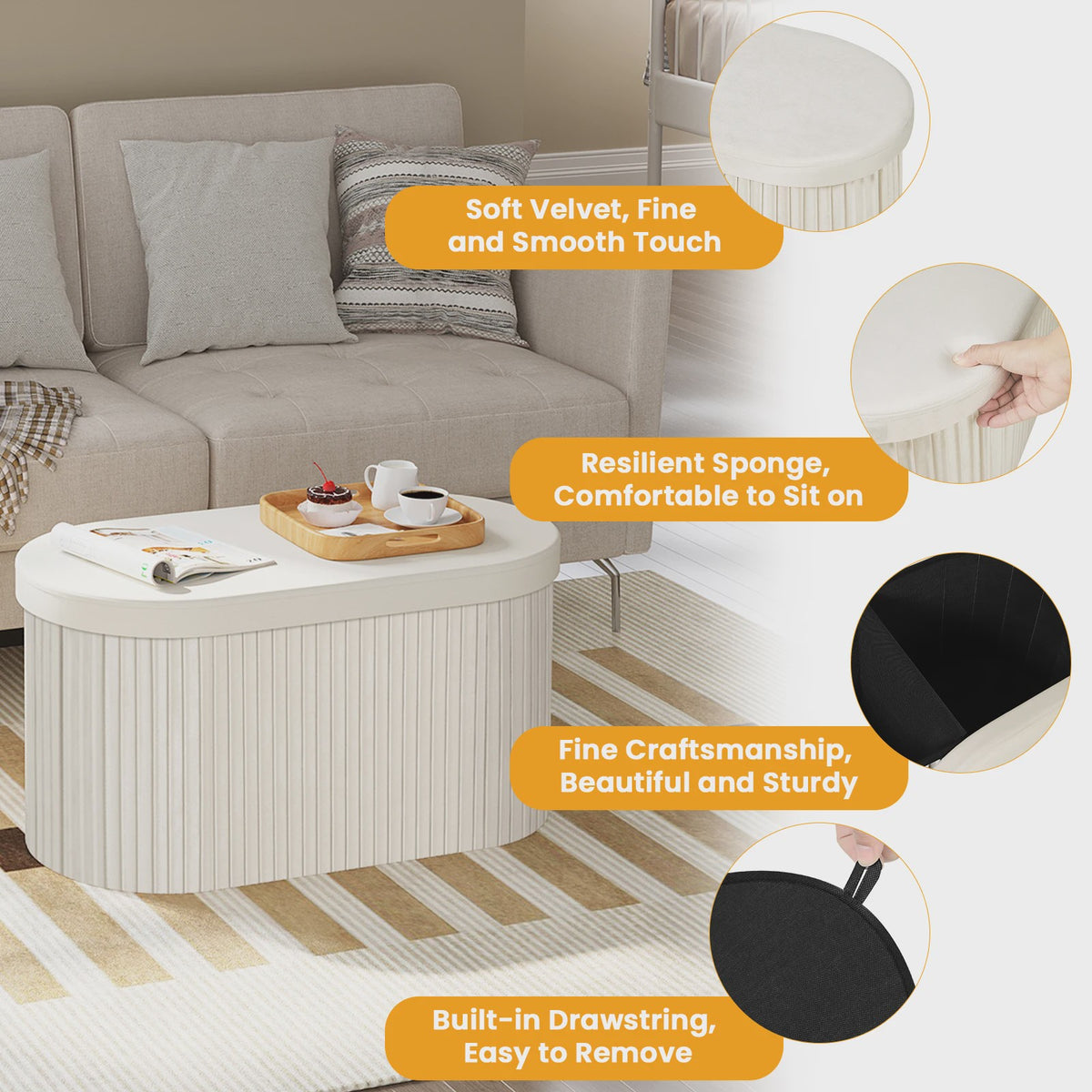 Ronde Opbergpoef met Afneembare Deksel - Beige Fluweel
