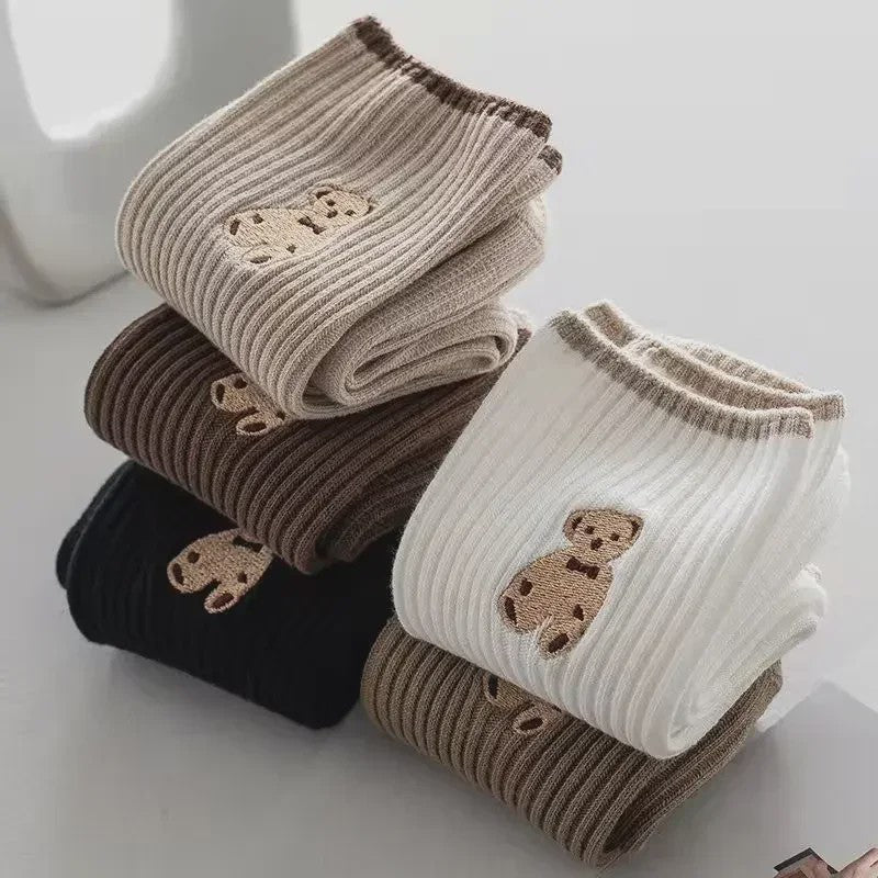 Zachte Katoenen Sokken met Berenprint - 5 Paar Kawaii Sokken voor Dames - Casual Herfst/Winter Stijl