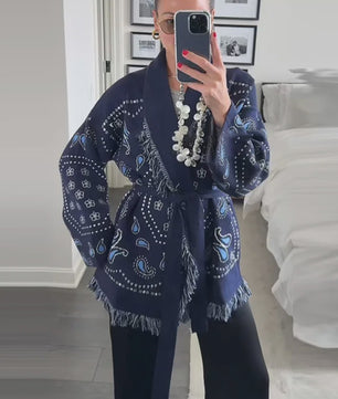 Gebreide Dames Cardigan met Patchwork Print, V-hals en Franjes - Stijlvolle Herfstjas