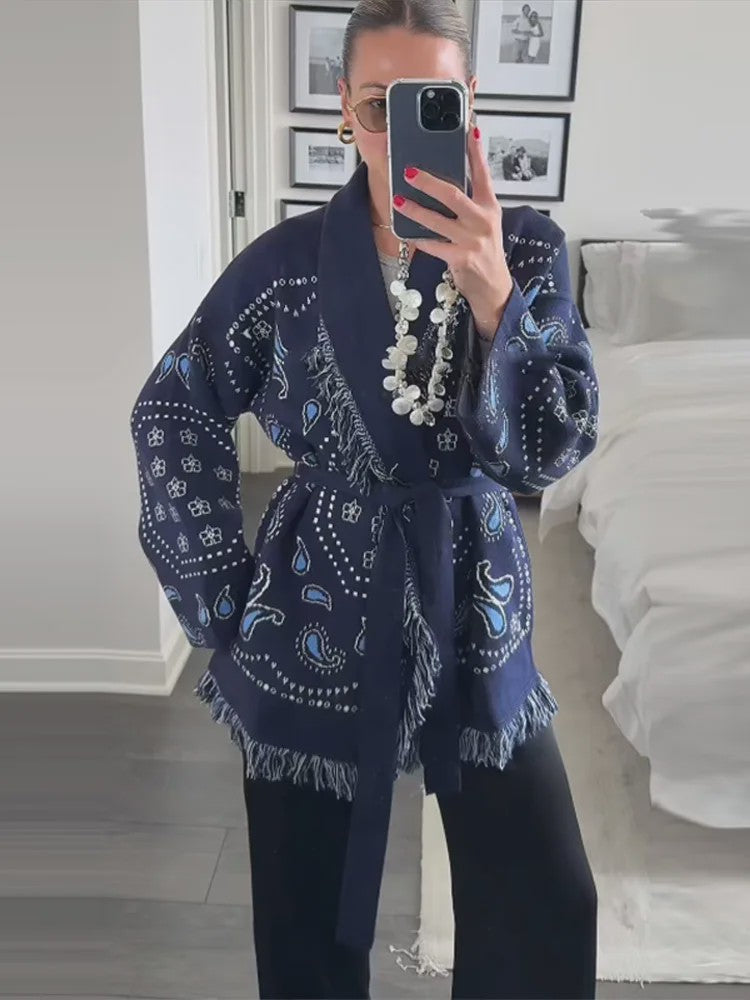 Gebreide Dames Cardigan met Patchwork Print, V-hals en Franjes - Stijlvolle Herfstjas