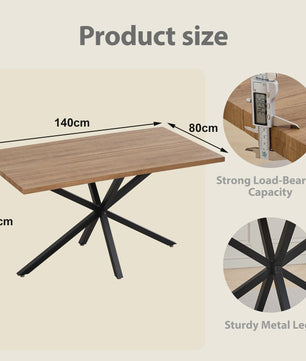 Moderne Rechthoekige Eettafel 140x80cm met Zwart Metalen Onderstel - Geschikt voor 4-6 Personen