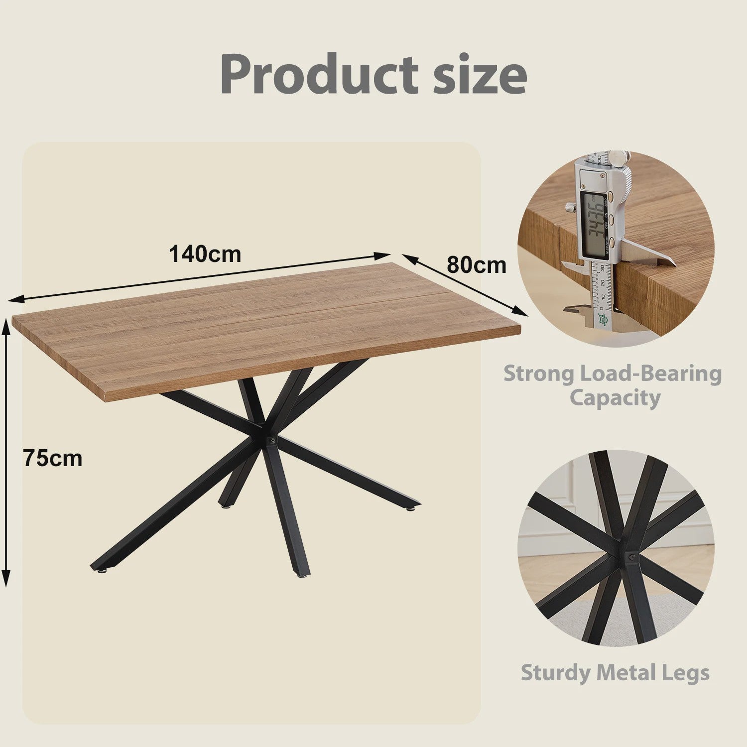 Moderne Rechthoekige Eettafel 140x80cm met Zwart Metalen Onderstel - Geschikt voor 4-6 Personen