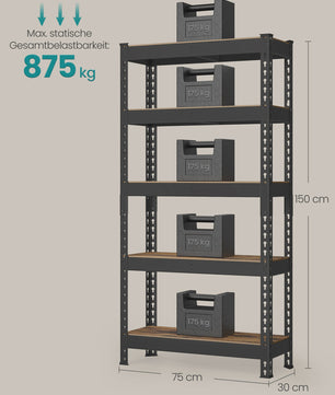 SONGMICS Robuust 5-Laags Opslagrek - 30x75x150 cm | 875 kg Draagvermogen