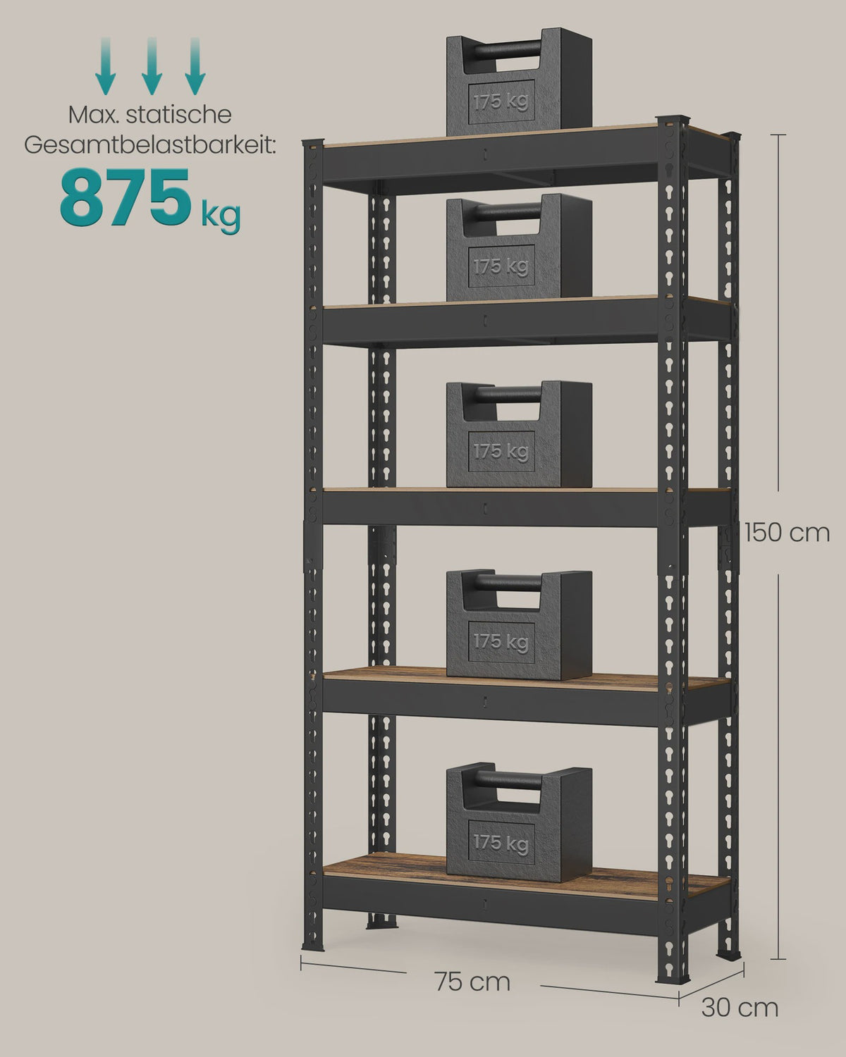 SONGMICS Robuust 5-Laags Opslagrek - 30x75x150 cm | 875 kg Draagvermogen