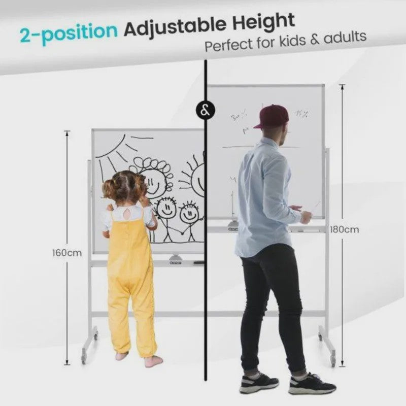 Verrijdbaar Dubbelzijdig Magnetisch Whiteboard 160-180cm Hoogte Verstelbaar met Wielen en Rem