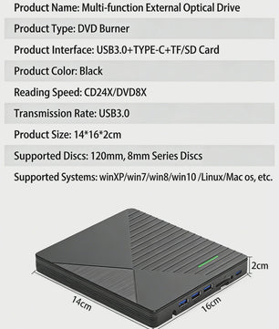 Externe CD/DVD RW Brander & Lezer - 7-in-1 USB-C & USB 3.0 Drive voor PC/Laptop