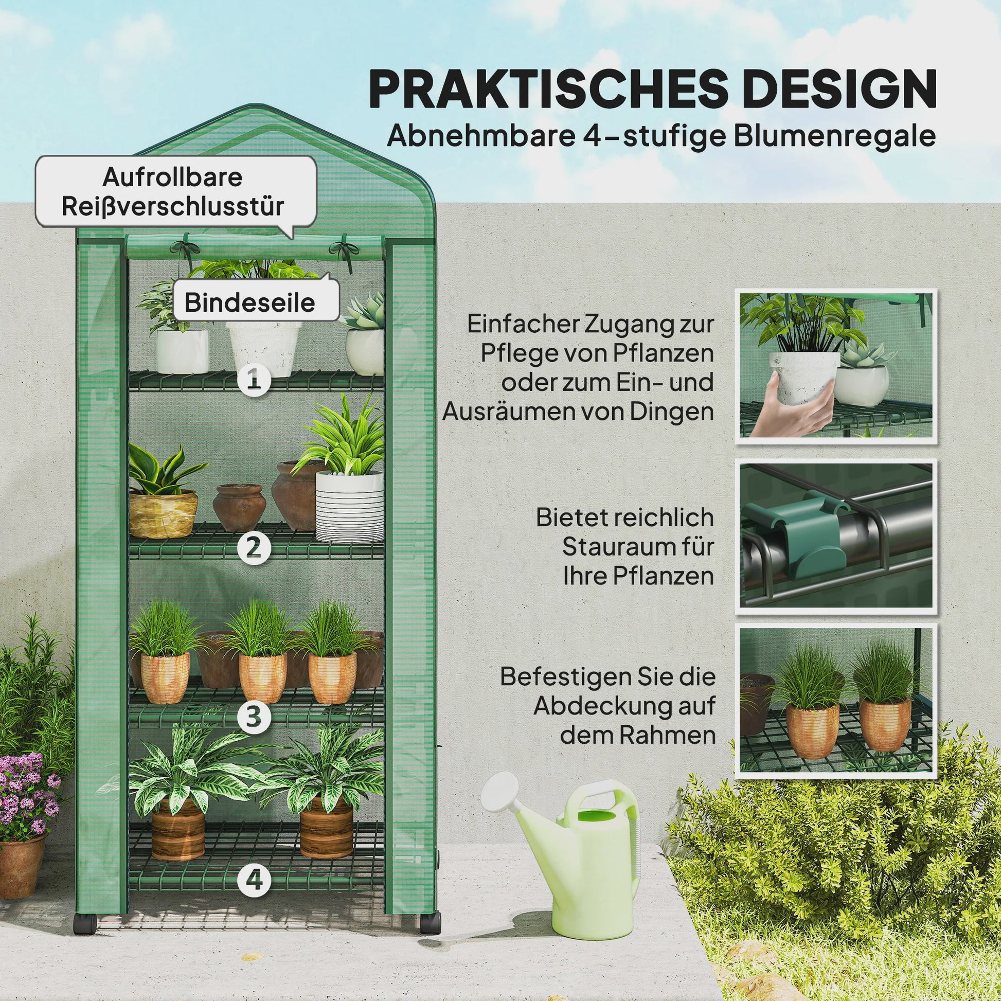 Outsunny Mini Kas met Wielen en 4 Planken - Compacte Film Kas voor Planten