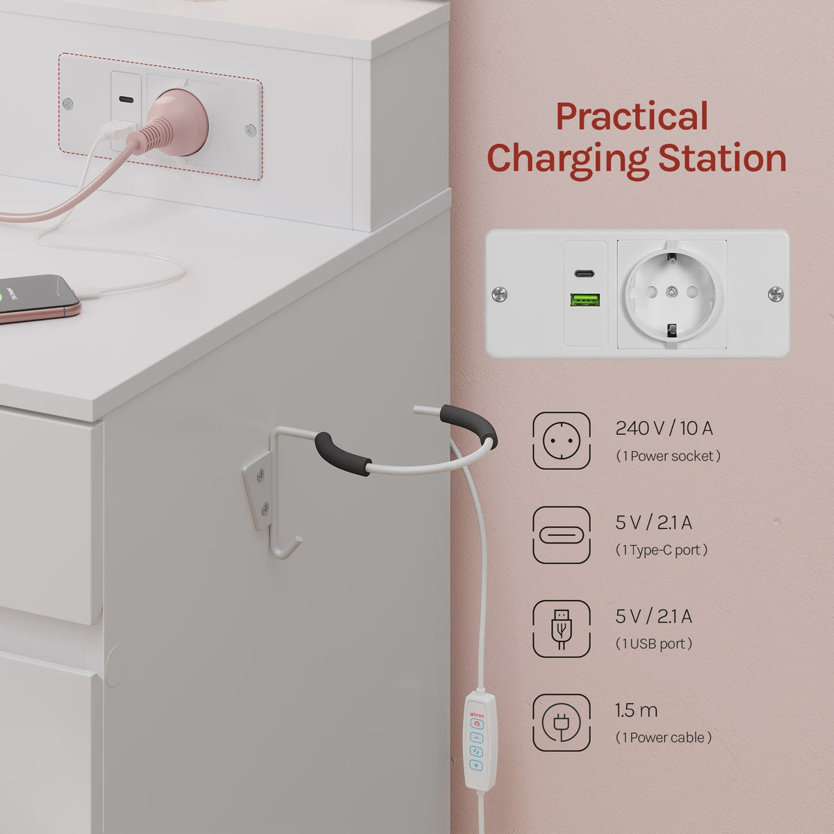 WOLTU Kaptafel met 3-delige spiegel, 10 LED-lampjes en laadstation - Ideaal voor de slaapkamer
