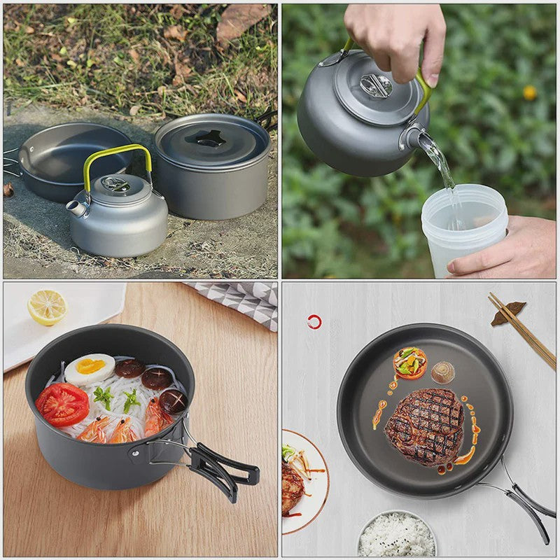 9-delige Camping Kookset: Draagbare Pan, Pot en Ketel voor Outdoor Avonturen