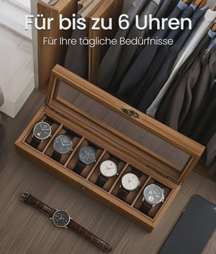 Luxe Houten Horlogedoos met 6 Vakken en Glazen Deksel - Stijlvolle Opberger