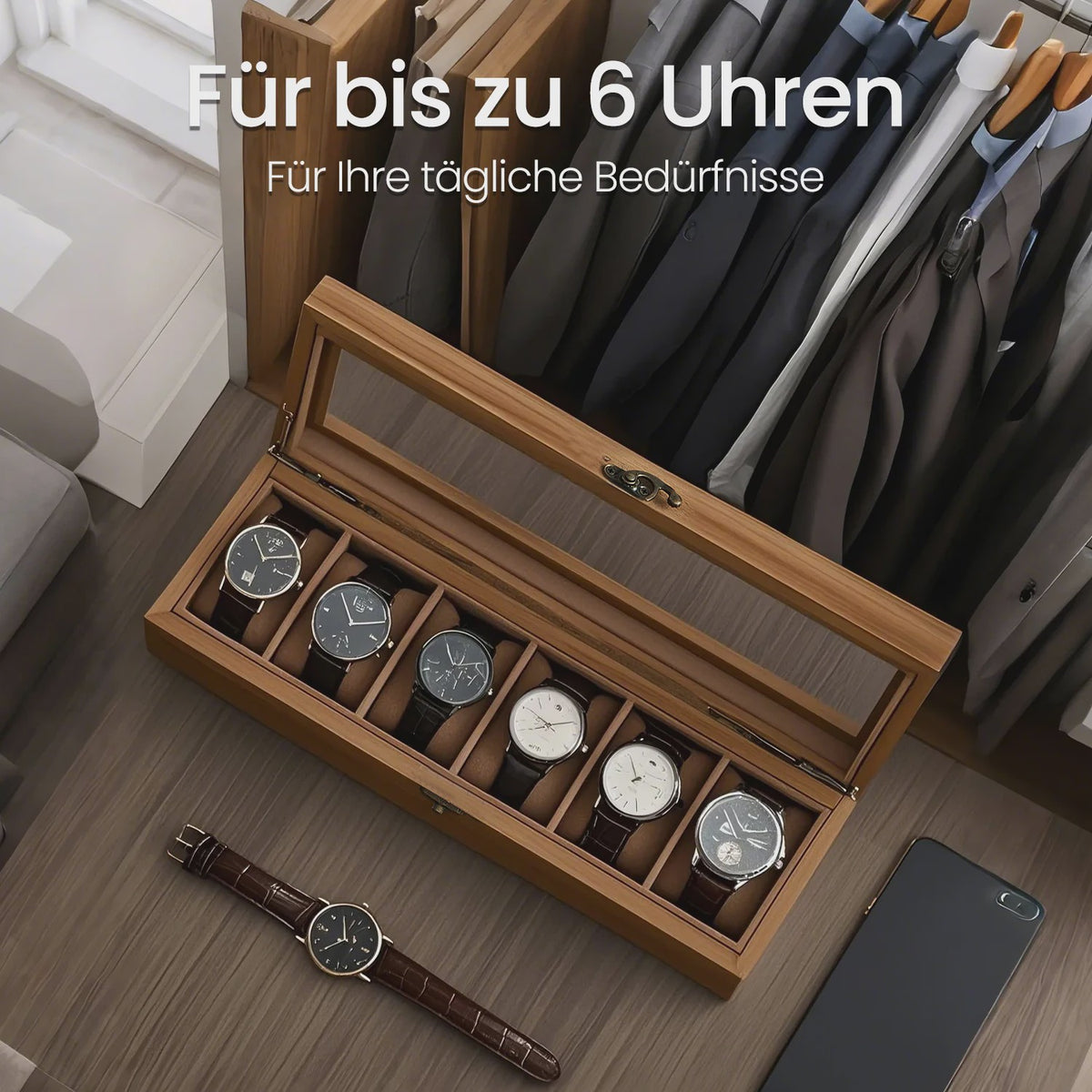 Luxe Houten Horlogedoos met 6 Vakken en Glazen Deksel - Stijlvolle Opberger