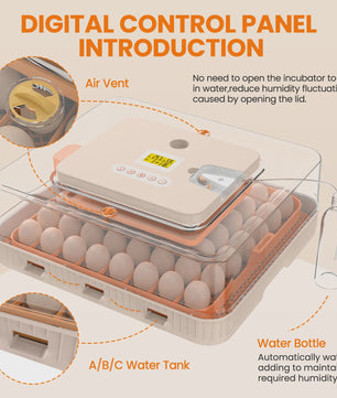 56 Eieren Volledig Automatische Broedmachine met Temperatuur- en Vochtigheidsregeling, Dubbele Voeding & LED