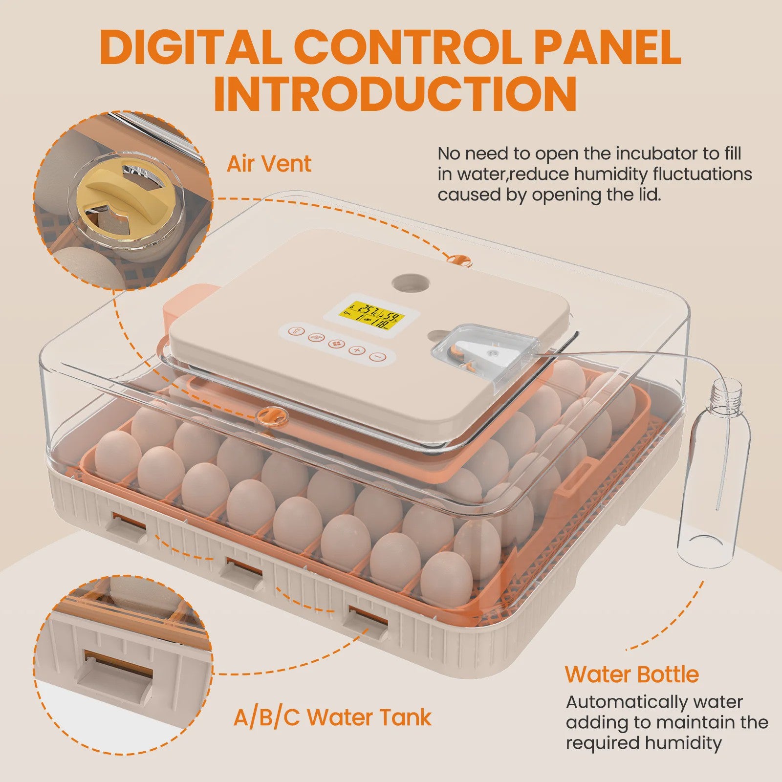 56 Eieren Volledig Automatische Broedmachine met Temperatuur- en Vochtigheidsregeling, Dubbele Voeding & LED