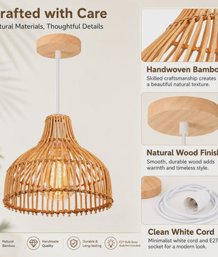 Rieten Hanglamp 24cm - Boho Stijl Plafondlamp voor Keuken, Woon- en Eetkamer