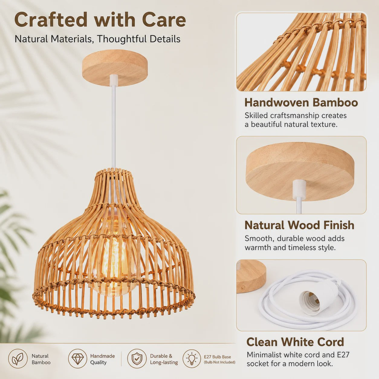 Rieten Hanglamp 24cm - Boho Stijl Plafondlamp voor Keuken, Woon- en Eetkamer