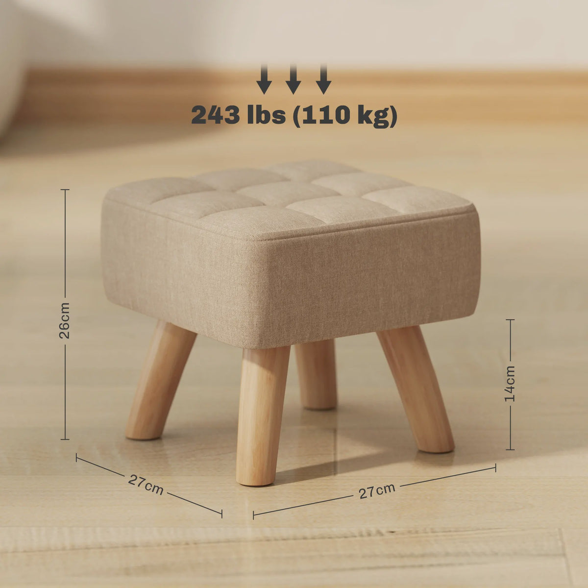 Stijlvolle Voetenbank / Poef met Stoffen Zitting en Houten Poten - Compact en Comfortabel