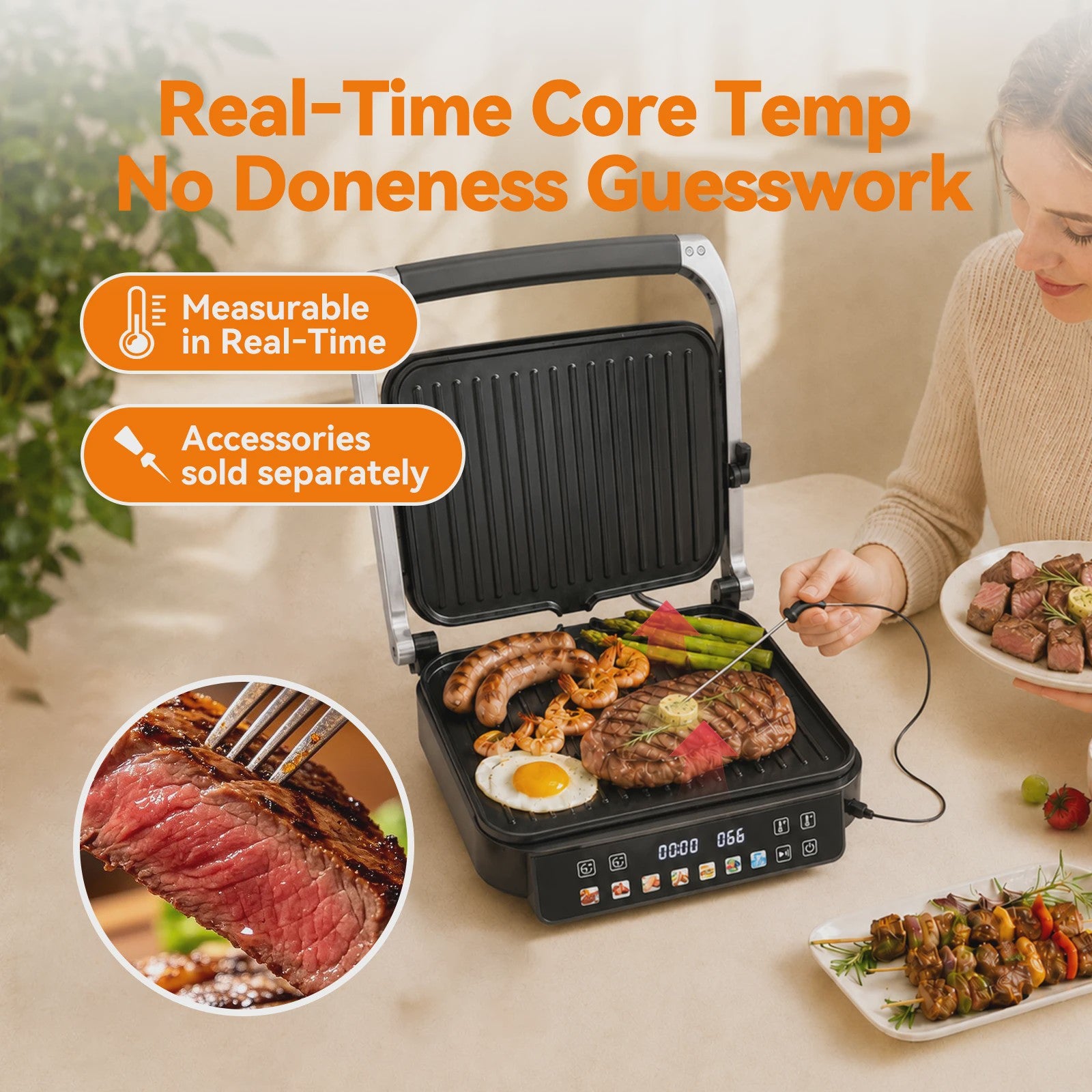 SLG5029 Elektrische Contact Grill 2000W - Digitaal, met Vleesthermometer, Panini Press & 180° Open Functie