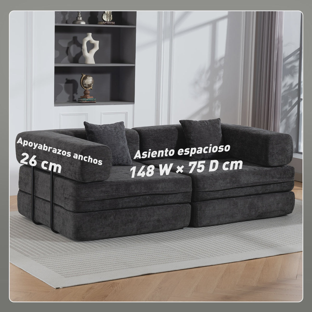 HOMCOM 2-Zits Sofa Bed - Inklapbare Bank met Chenille Bekleding en 2 Kussens