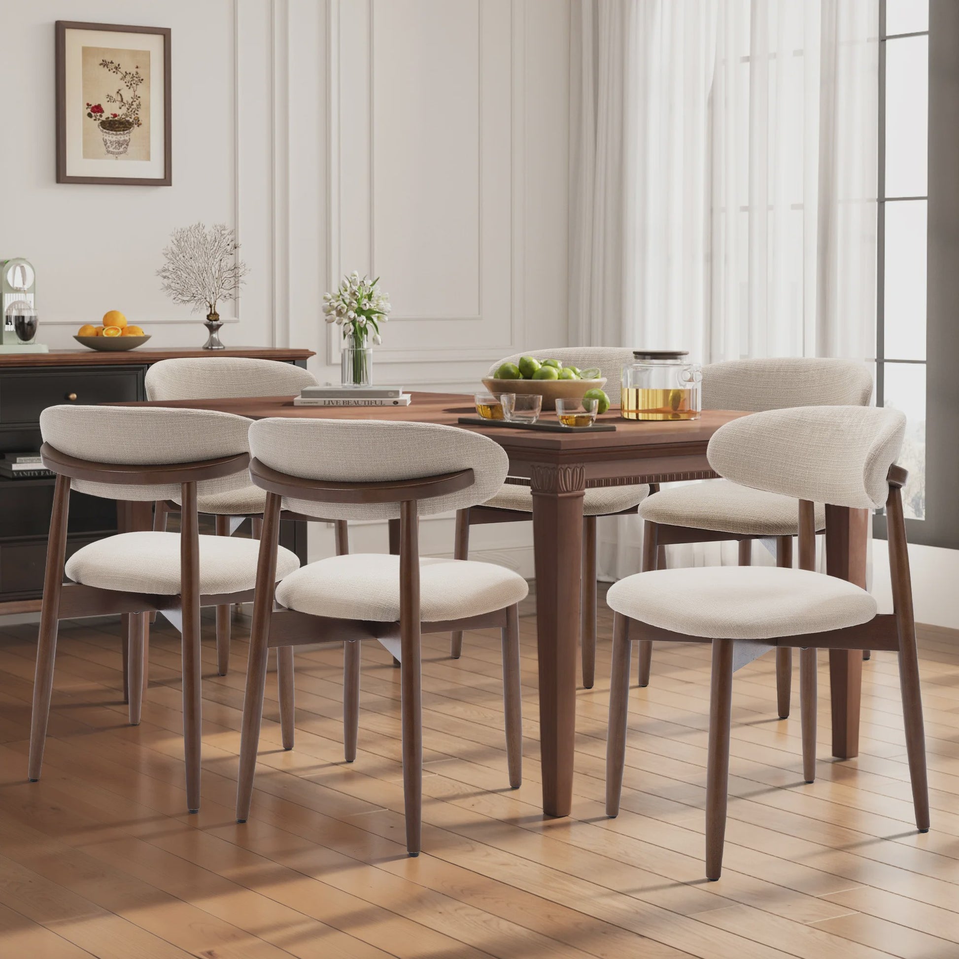 Set van 2 Beige Eetkamerstoelen - Scandinavische Stijl, Modern & Gestoffeerd met Houten Poten
