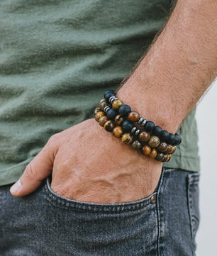 Set van 3 Heren Armbanden: Tijgeroog, Lavasteen & Onyx - Natuursteen