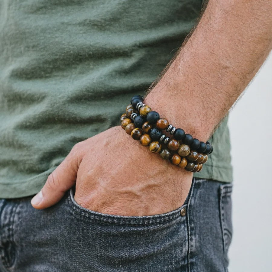 Set van 3 Heren Armbanden: Tijgeroog, Lavasteen & Onyx - Natuursteen