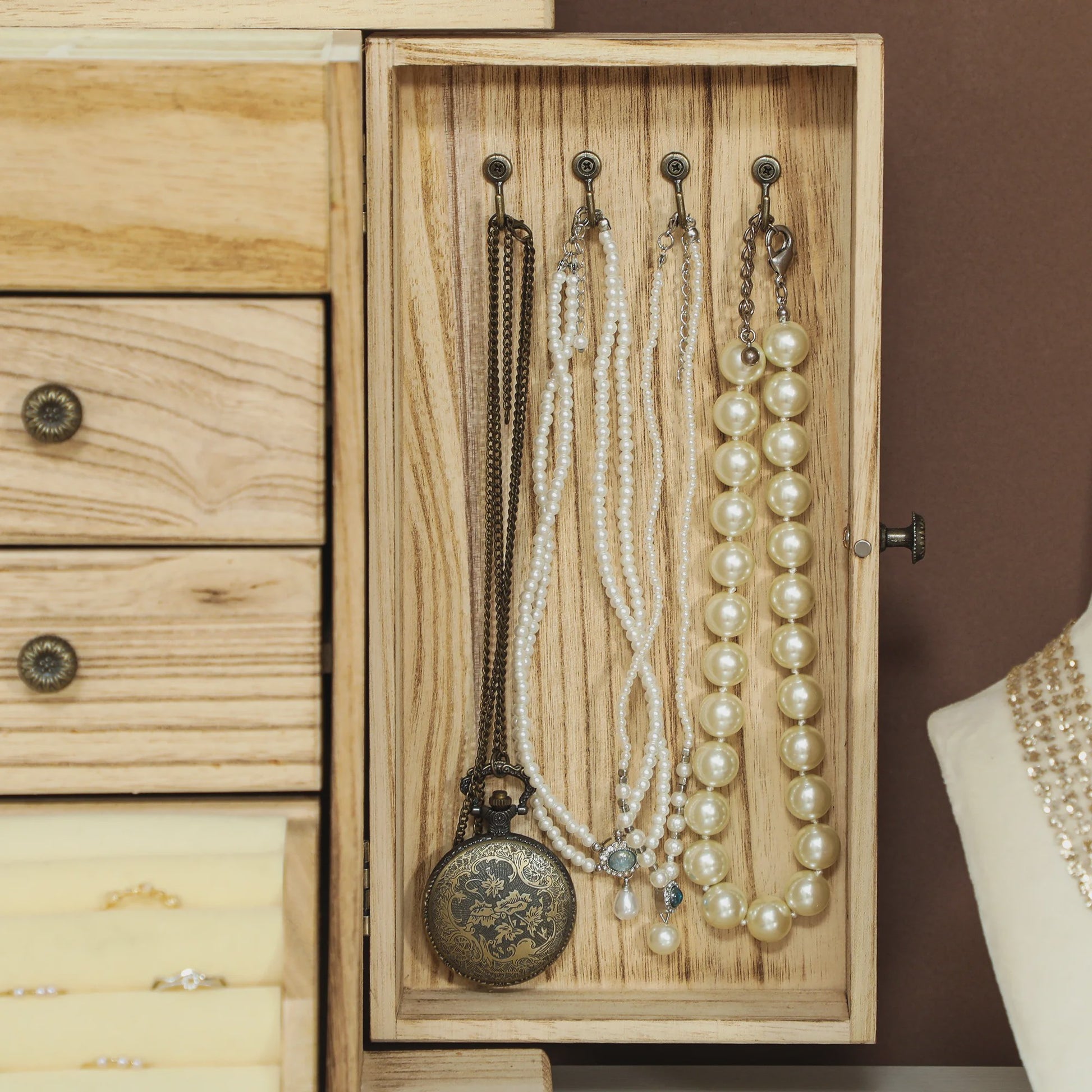 Houten Sieradenkast met Spiegel, Lades en Armbandrol - Organiseer je Accessoires