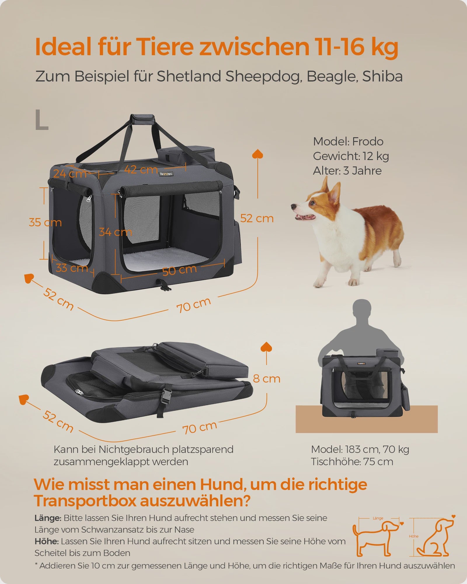 FEANDREA Opvouwbare Hondentransportbox - Ademend & Draagbaar - Grijs