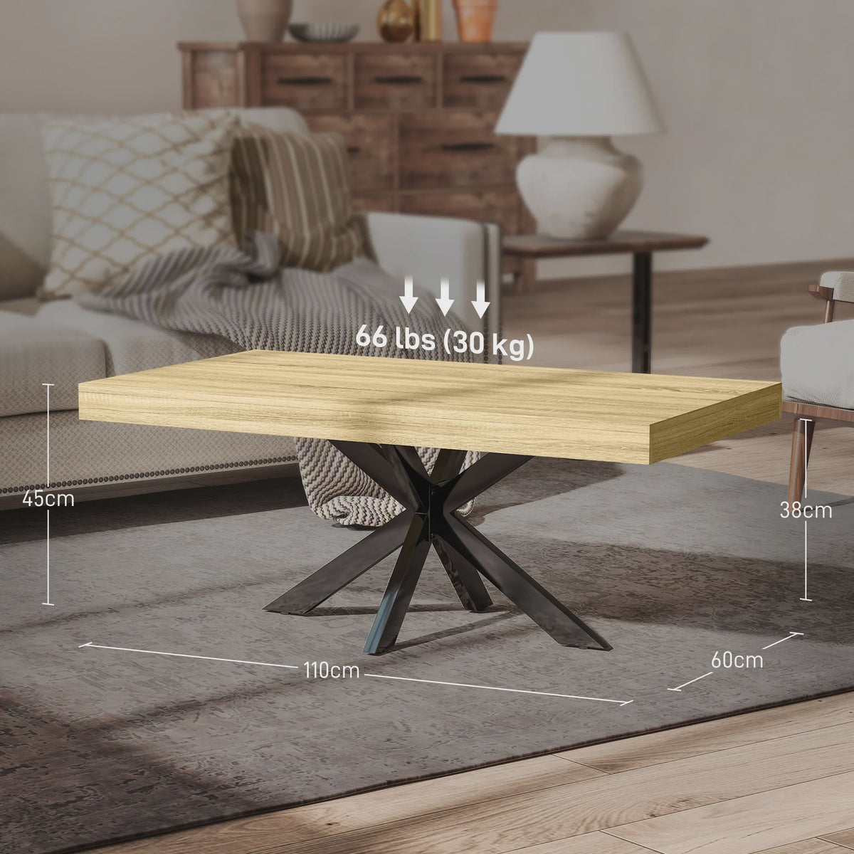 Industriële Rechthoekige Salontafel - Zwart Metaal & Houtlook - 110x60x45cm