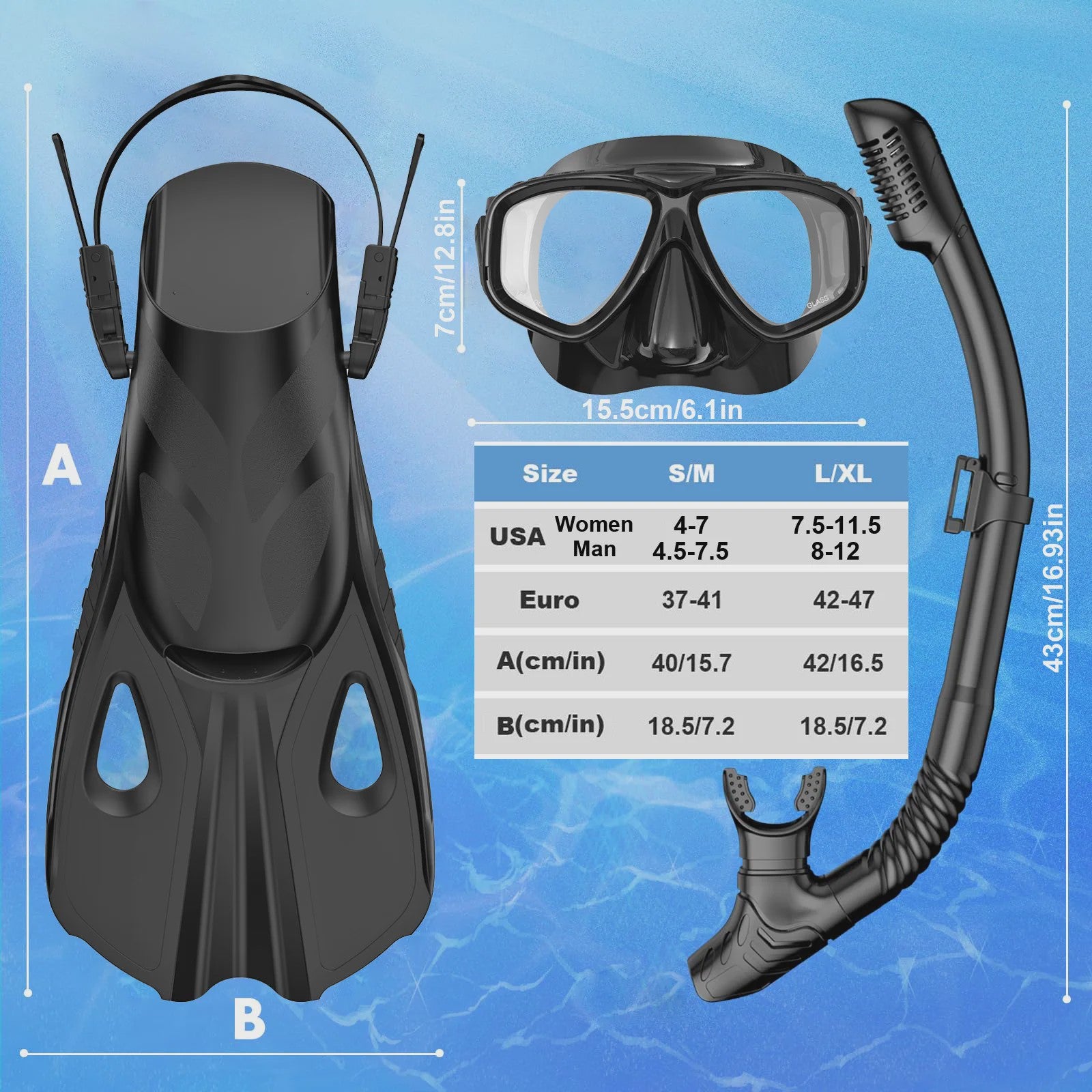 Complete snorkelset voor volwassenen: masker, snorkel, flippers en tas
