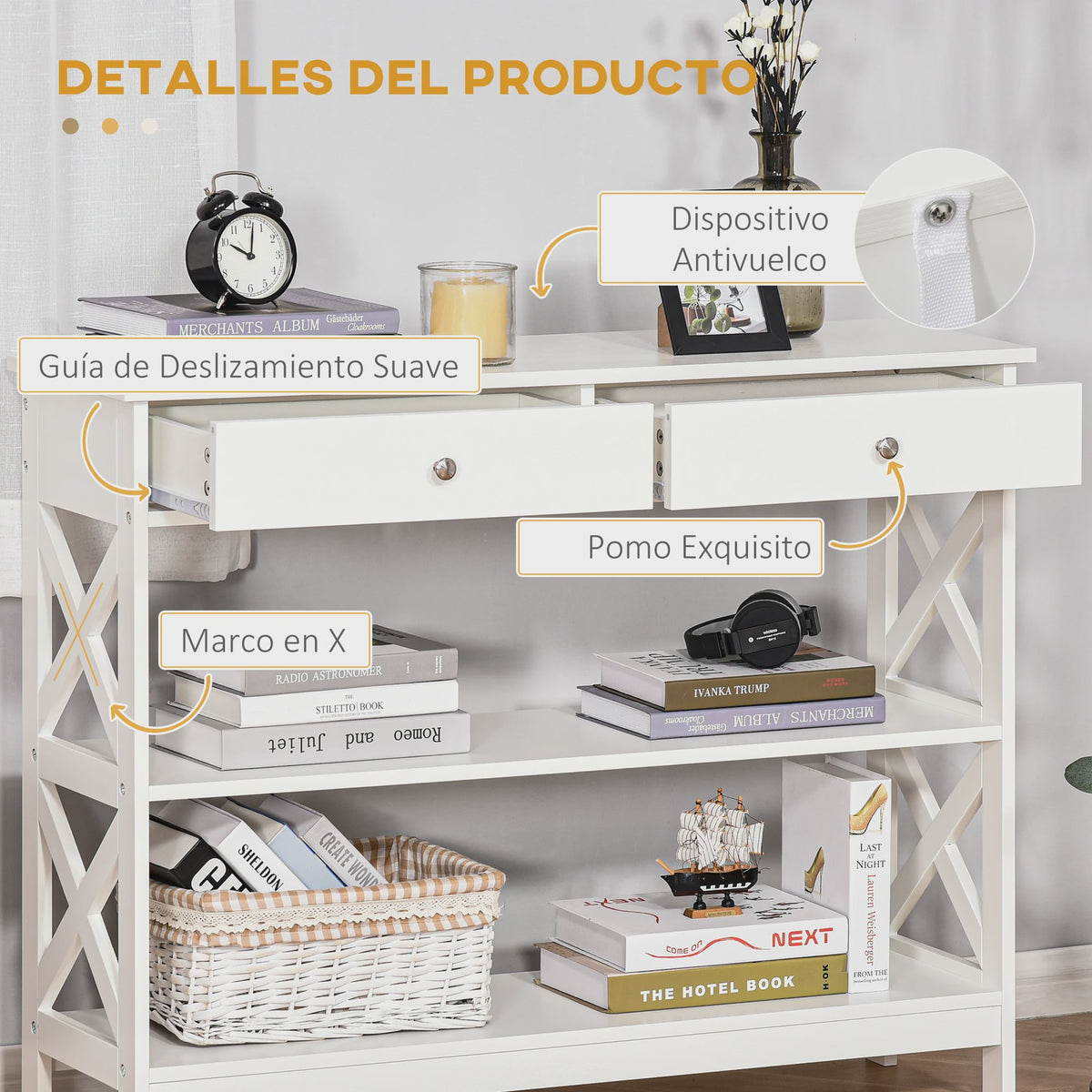 Witte Console Tafel met 2 Lades en 2 Open Vakken - 100x30.5x80cm
