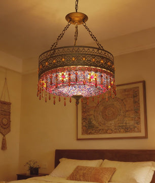 Handgemaakte Turkse Mozaïek Hanglamp - Vintage Marokkaanse Kroonluchter met Kleurrijk Glas