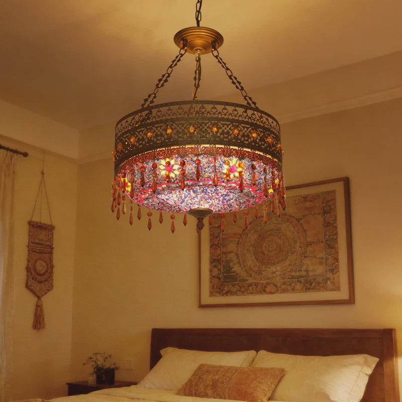 Handgemaakte Turkse Mozaïek Hanglamp - Vintage Marokkaanse Kroonluchter met Kleurrijk Glas