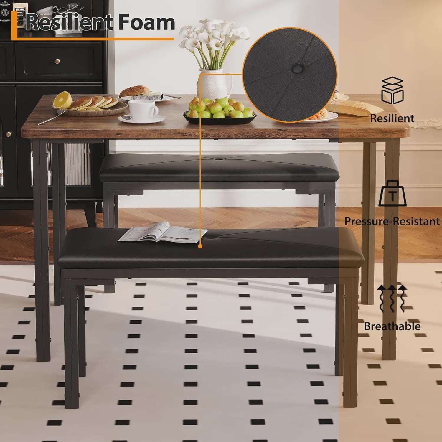 Compacte Eetkamer Set: Tafel met 2 Gestoffeerde Bankjes voor 4 Personen