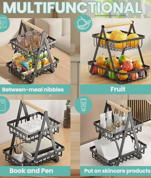 2-Laags Fruitmand met Houten Handvat - Afneembare Manden voor Fruit, Groenten & Snacks