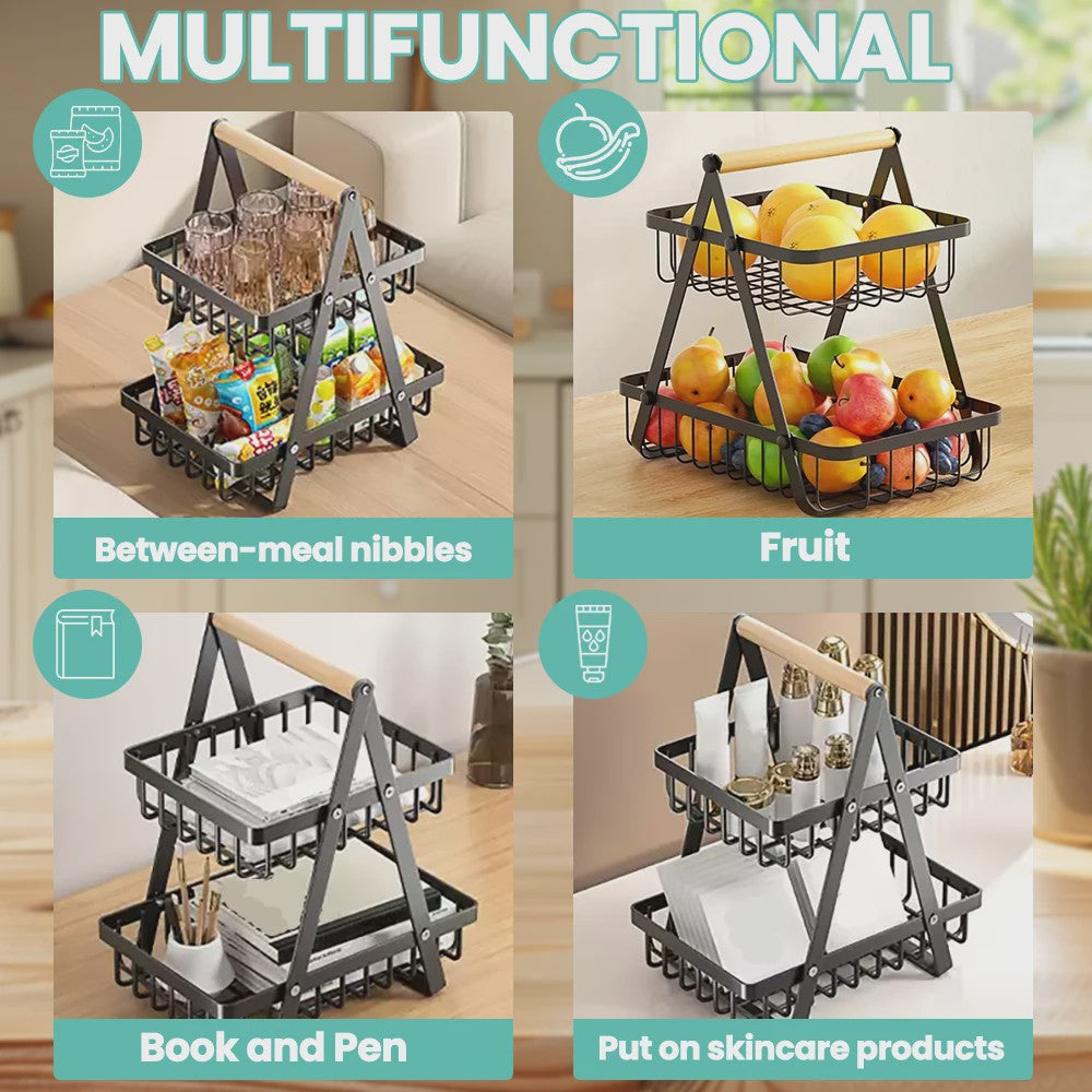 2-Laags Fruitmand met Houten Handvat - Afneembare Manden voor Fruit, Groenten & Snacks